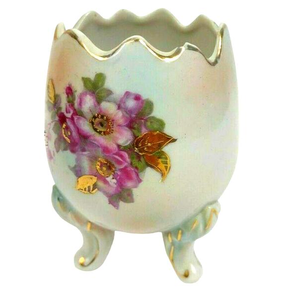 Vintage INARCO Footed Porcelain Egg Vase Roses Gold Accents 1962 Japan 7341 - Picture 1 of 9